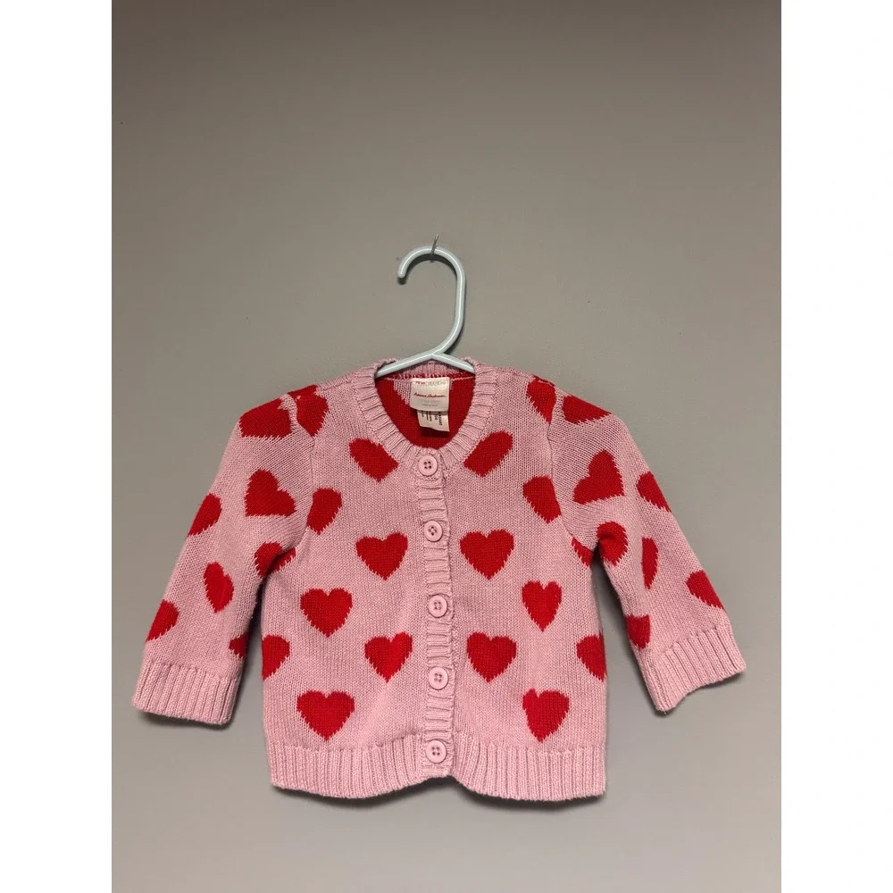 Hanna Andersson Pink Red Heart Cotton Cardigan Sweater 6-12 Month 70cm Valentine